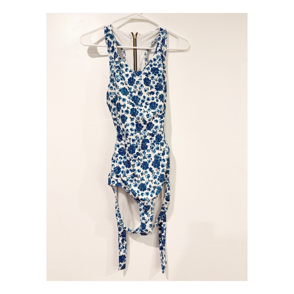 Albion Fit Blue Floral One Piece Swimsuit Front Zip Back Cutout Tie Womens L